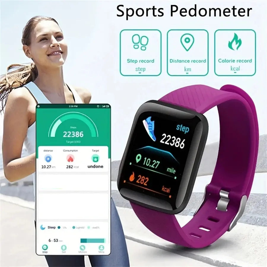 Jhonnyshop Bluetooth fitness smartwatch with heart rate monitor, digital display, and alert notifications on a black band.