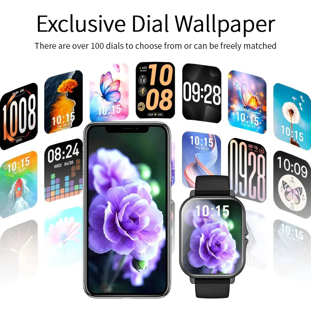 Jhonnyshop 1.83-inch touchscreen smart watch displaying time, fitness stats, and call notifications on a sleek digital screen