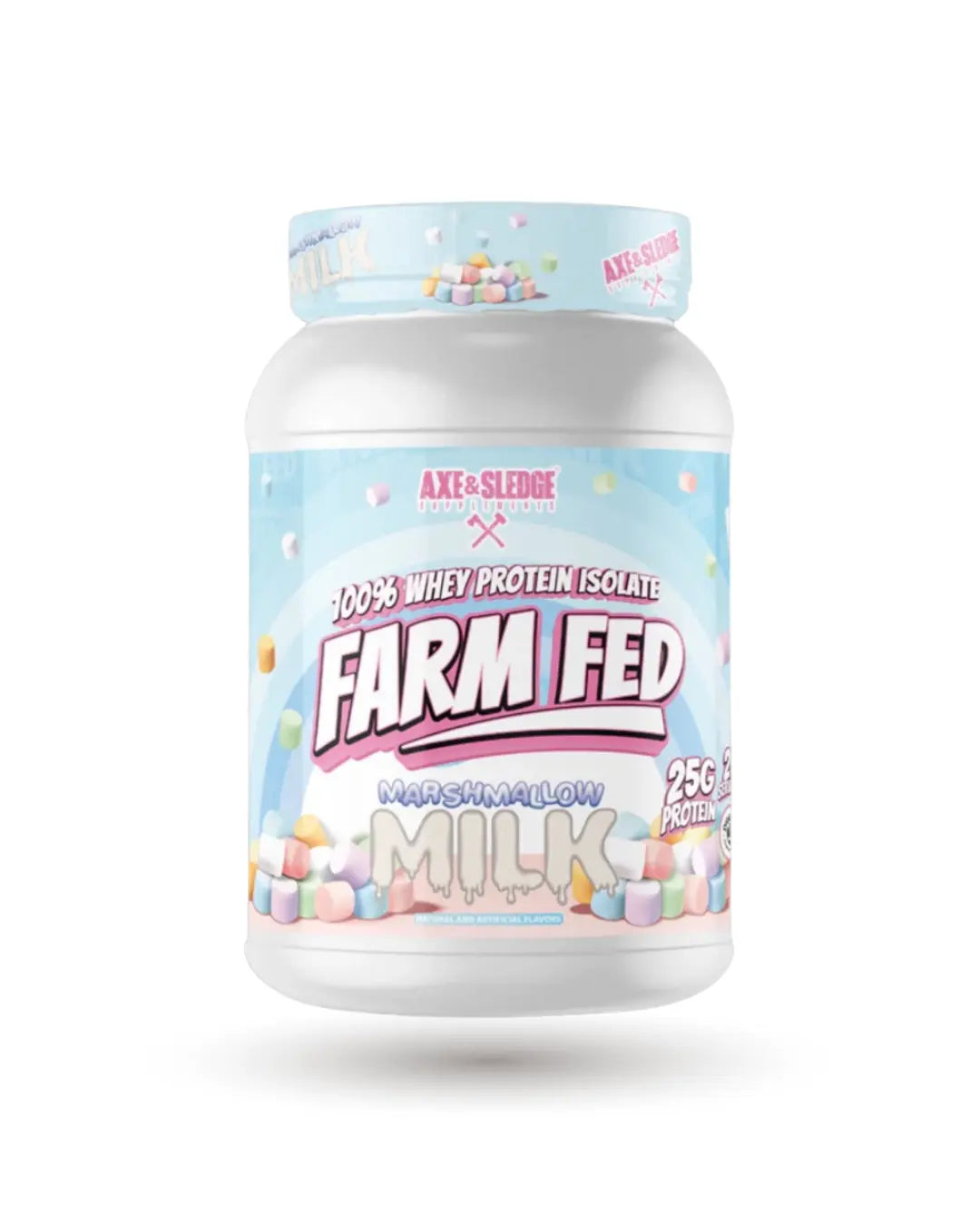 BulkBully Supplements Axe & Sledge Farm Fed Whey Isolate Protein Powder bag with label and scoop showing protein isolate content.