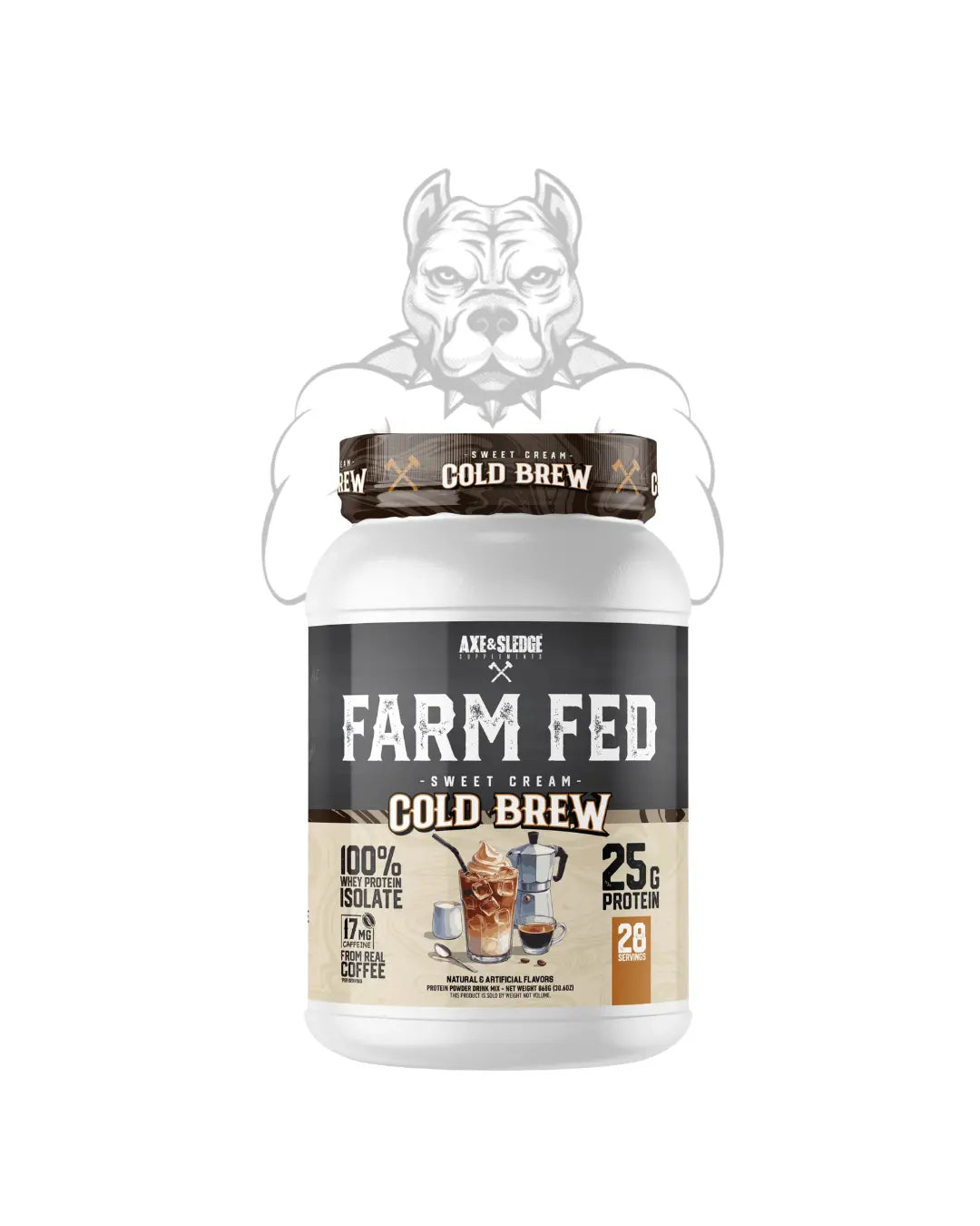 BulkBully Supplements Axe & Sledge Farm Fed whey isolate protein powder in a container with a label showing muscle-building benefits.