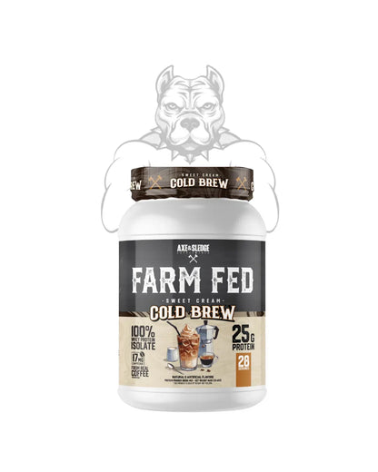 BulkBully Supplements Axe & Sledge Farm Fed whey isolate protein powder in a container with a label showing muscle-building benefits.