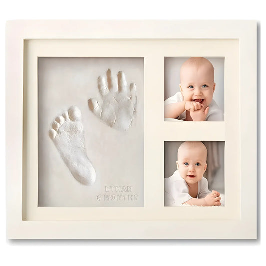 Jhonnyshop Inkprint Keepsake Frame displaying a personalized inkprint and photo display in a sleek wooden frame
