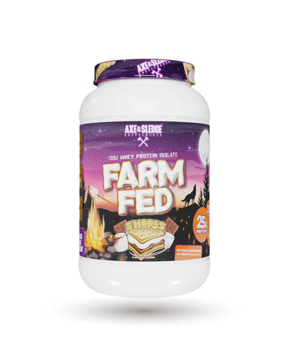 A jar of Axe & Sledge Farm Fed Whey Isolate Protein Powder by BulkBully Supplements with a scoop and label visible.