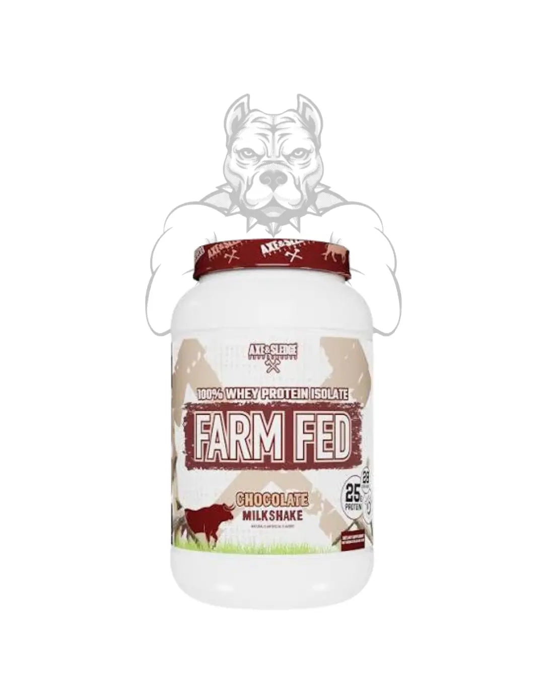 BulkBully Supplements Axe & Sledge Farm Fed Whey Isolate Protein Powder container with label and scoop in front