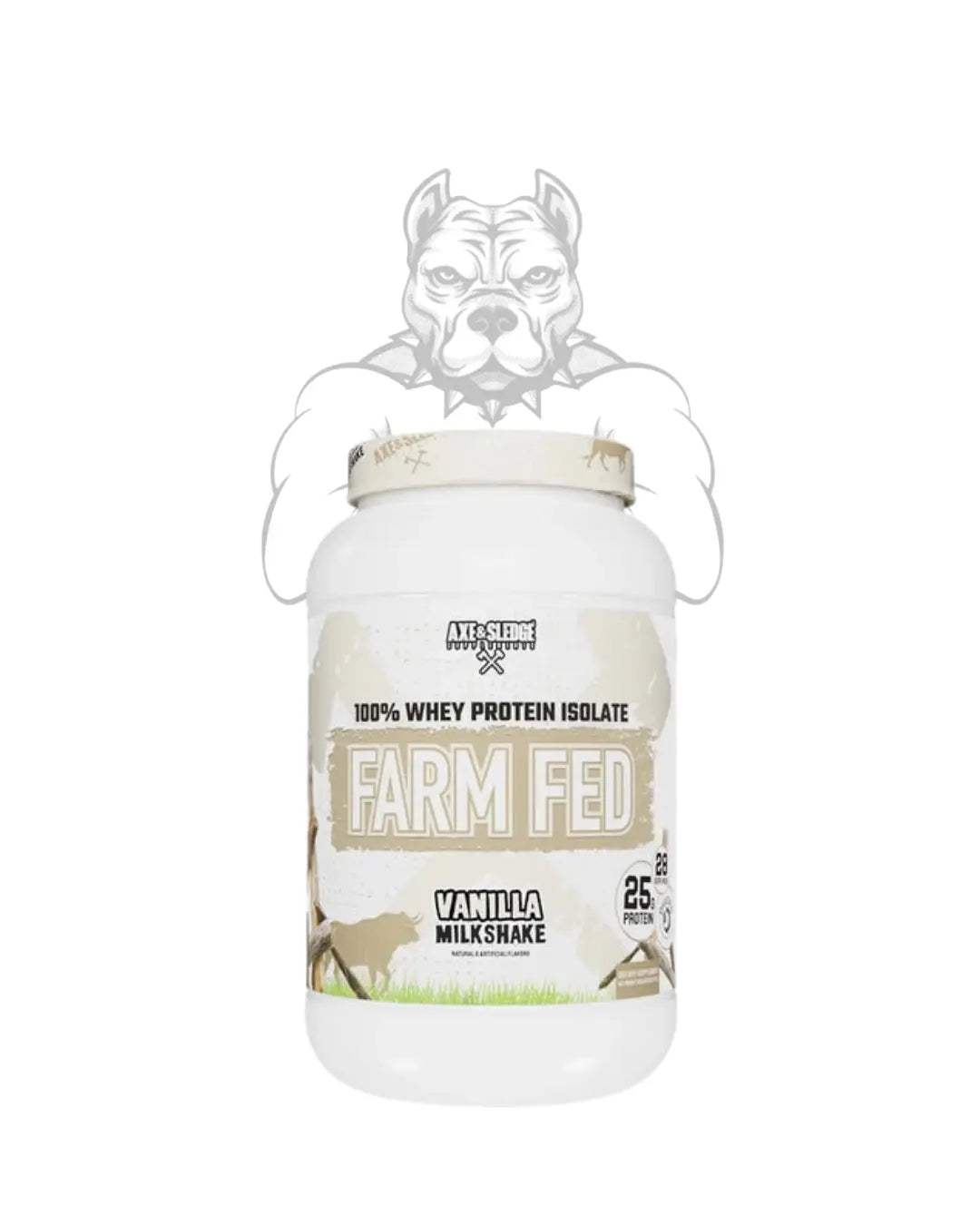 BulkBully Supplements Axe & Sledge Farm Fed Whey Isolate Protein Powder in a container, showing the label and product packaging.