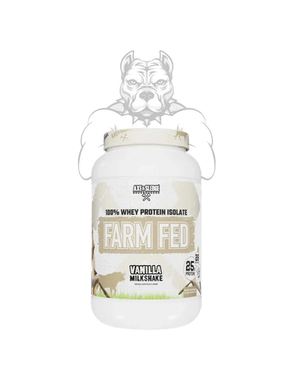 BulkBully Supplements Axe & Sledge Farm Fed Whey Isolate Protein Powder in a container, showing the label and product packaging.