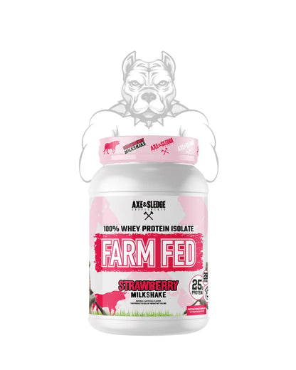 BulkBully Supplements Axe & Sledge Farm Fed Whey Isolate protein powder container with label and scoop.