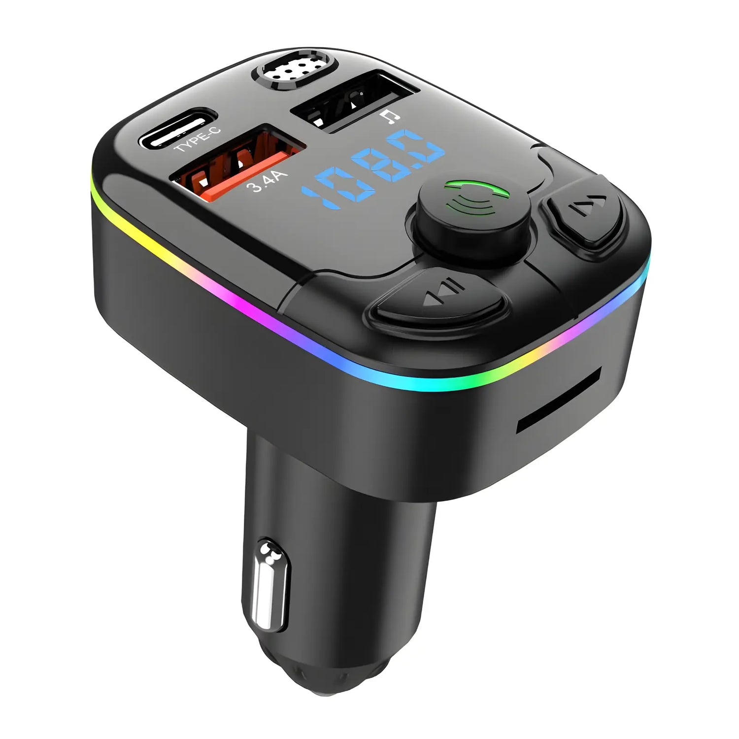 Jhonnyshop Bluetooth FM Transmitter connected to car dashboard with display screen and control buttons.
