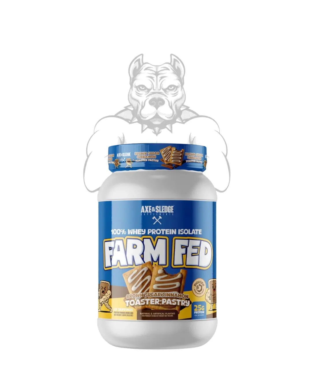 BulkBully Supplements Axe & Sledge Farm Fed Whey Isolate Protein Powder container, showing label and product packaging.