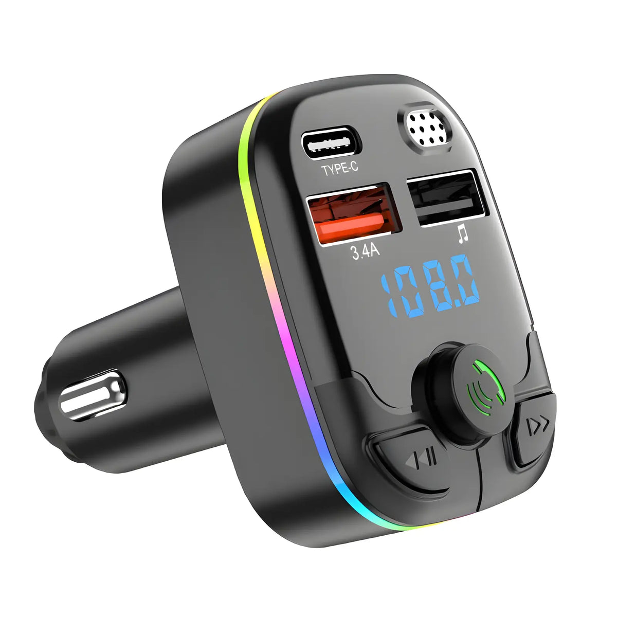 Jhonnyshop Bluetooth FM transmitter connected to a car dashboard with a display screen and control buttons.