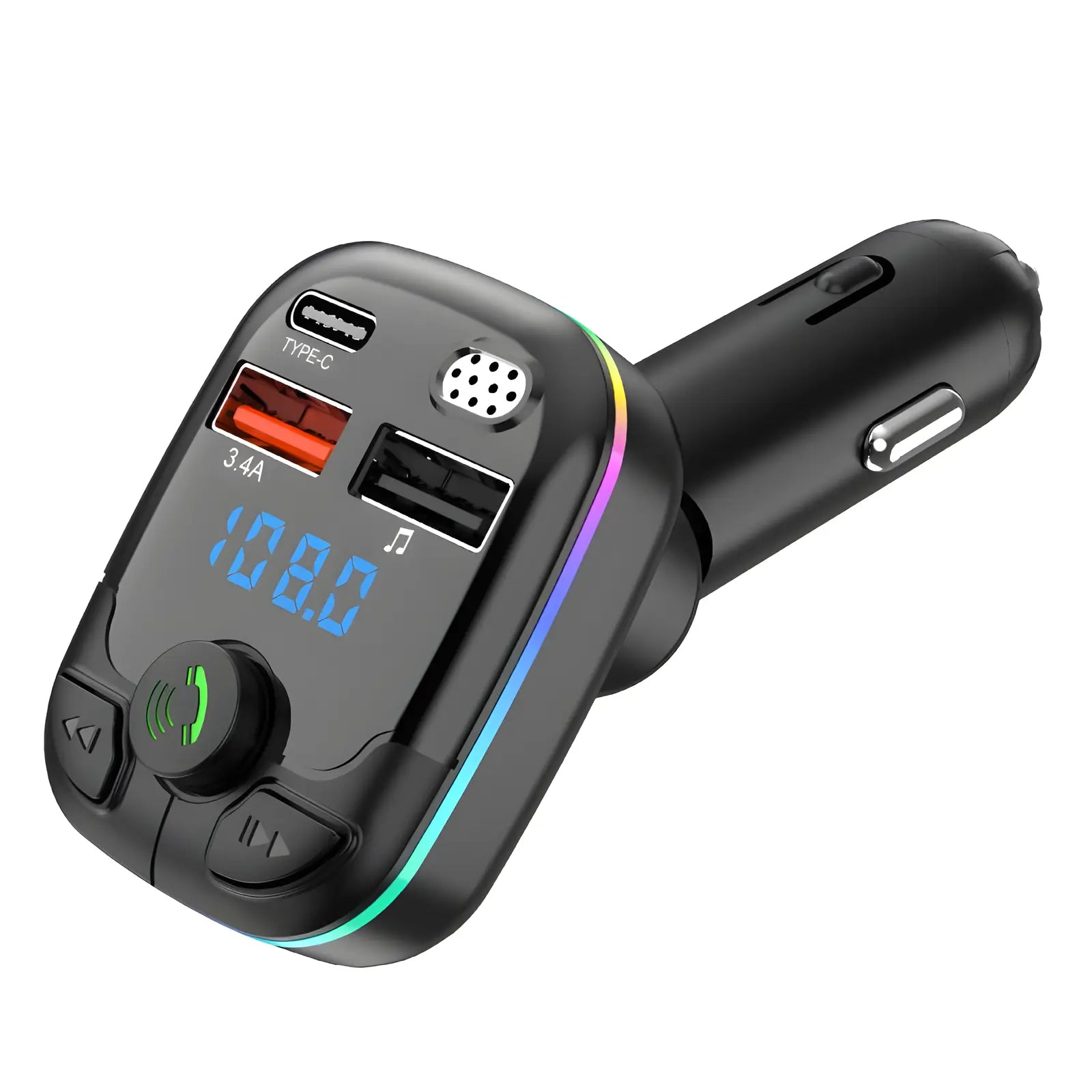 Jhonnyshop Bluetooth FM transmitter connected to a car dashboard, with a digital display showing frequency and controls.