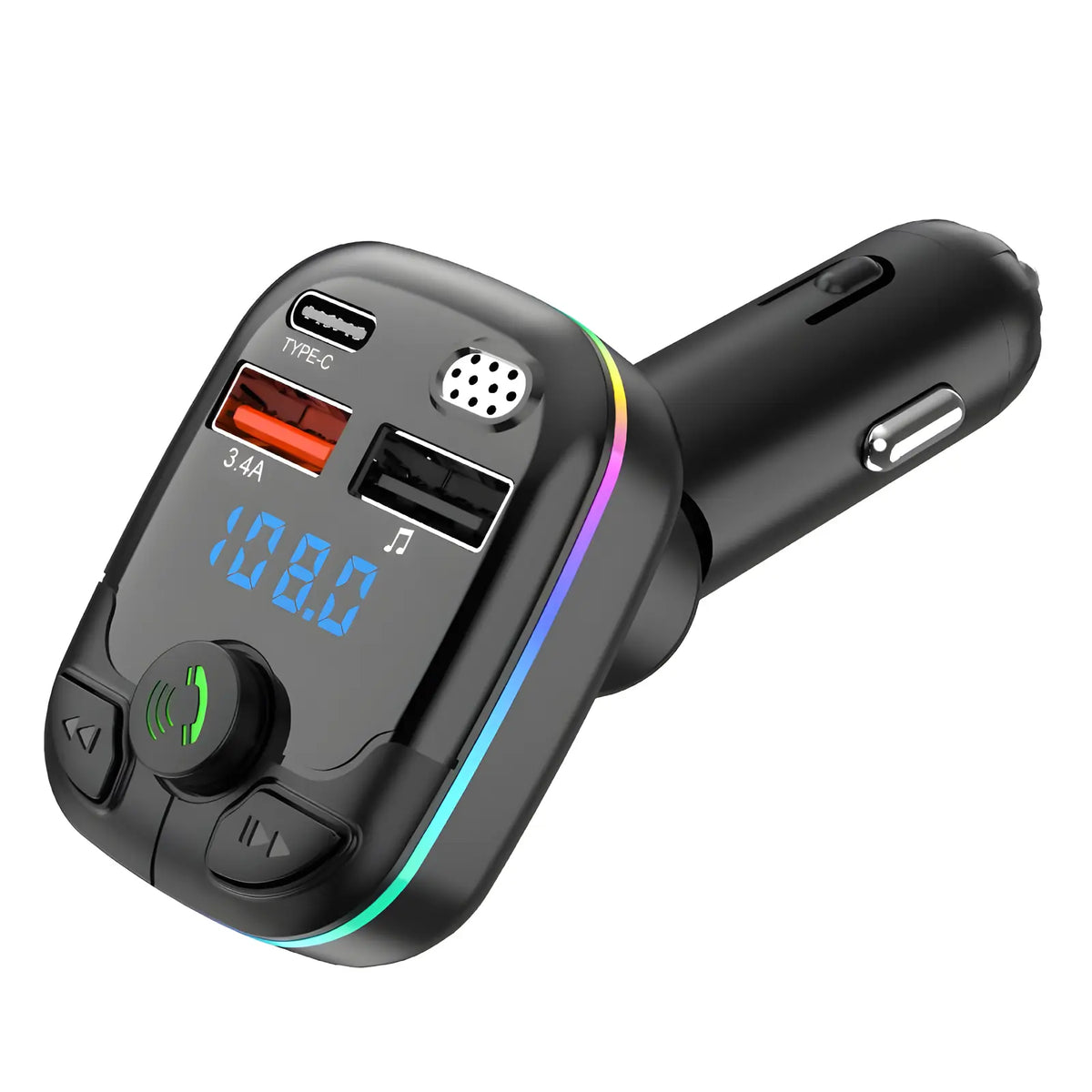 Jhonnyshop Bluetooth FM transmitter connected to a car dashboard, with a digital display showing frequency and controls.