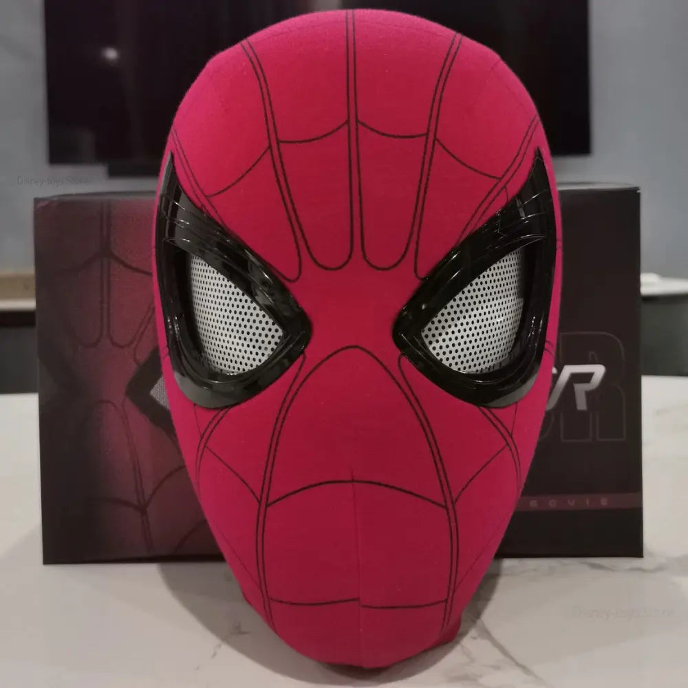Jhonnyshop spider mask with detailed black and red web design, covering the face for costume or cosplay use.