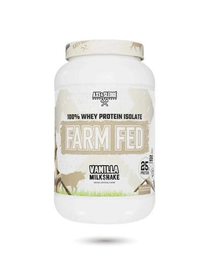 BulkBully Supplements Axe & Sledge Farm Fed whey isolate protein powder container with label, showing the product packaging and branding.