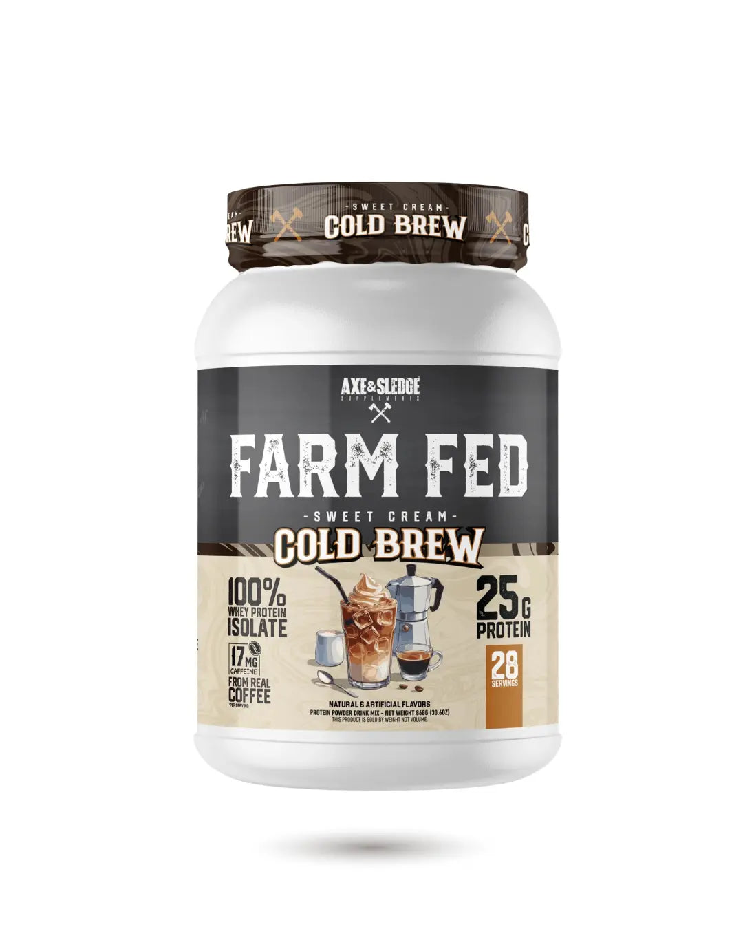 BulkBully Supplements Axe & Sledge Farm Fed whey isolate protein powder container with label showing product details.