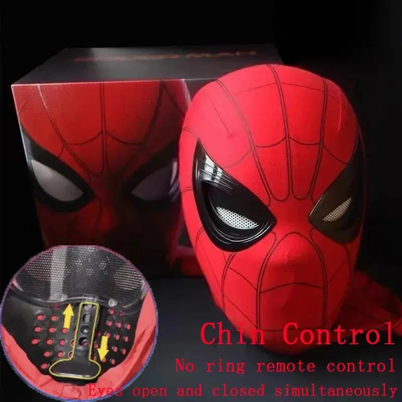 Red Spider-Man mask with black eye details, chin control feature, and no ring remote control, displayed with packaging box.