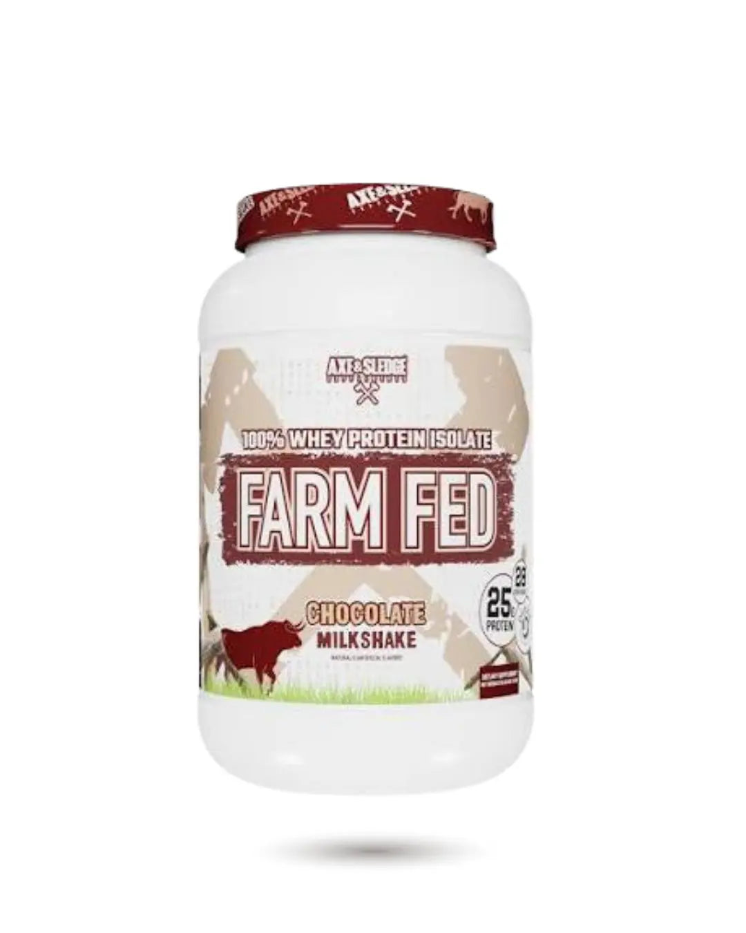 BulkBully Supplements Axe & Sledge Farm Fed Whey Isolate Protein Powder container, showing label and product packaging.