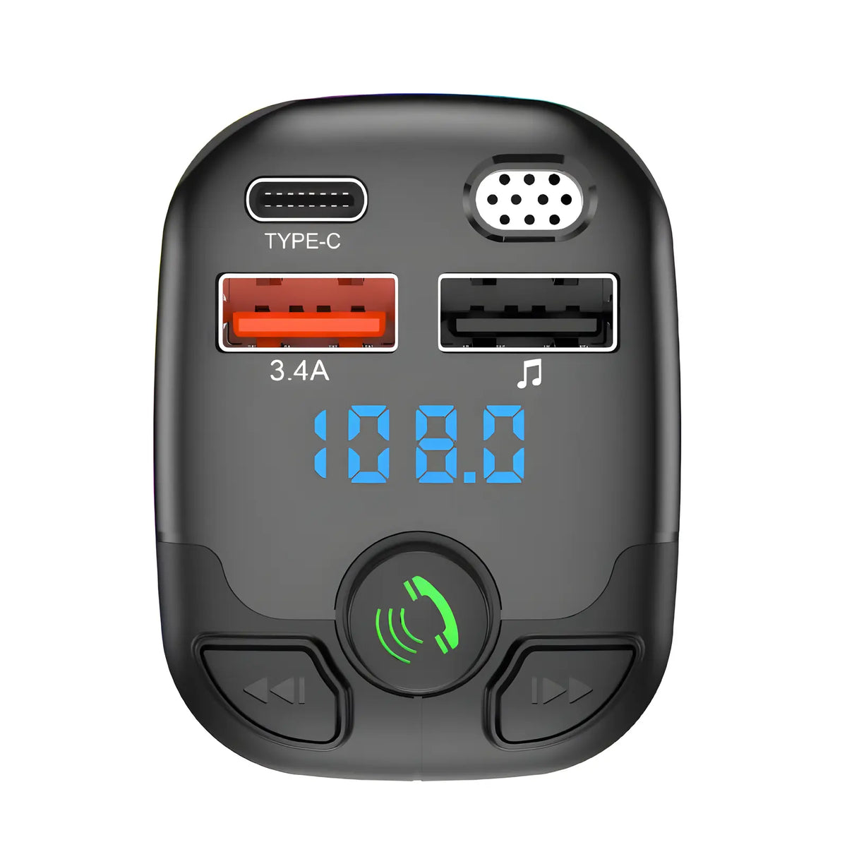 Bluetooth FM transmitter from Jhonnyshop connected to a car dashboard with a display screen and control buttons.