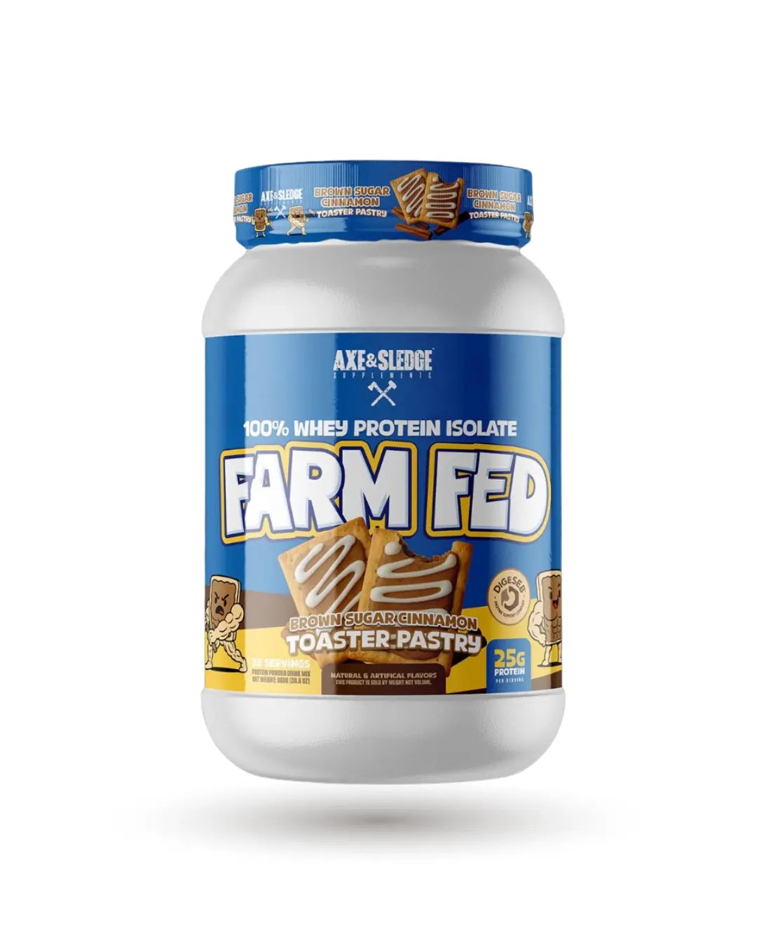 BulkBully Supplements Axe & Sledge Farm Fed Whey Isolate Protein Powder container with label showing product details and branding.