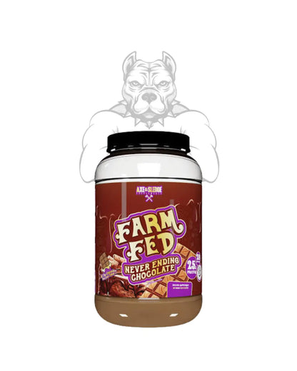 A container of Axe & Sledge Farm Fed Whey Isolate Protein Powder by BulkBully Supplements, with the label and scoop visible.