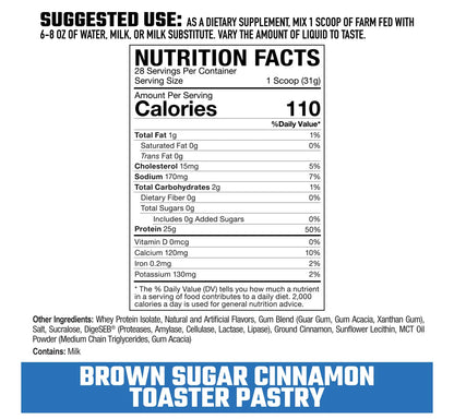 BulkBully Supplements Axe & Sledge Farm Fed whey isolate protein powder container, featuring product label and scoop.