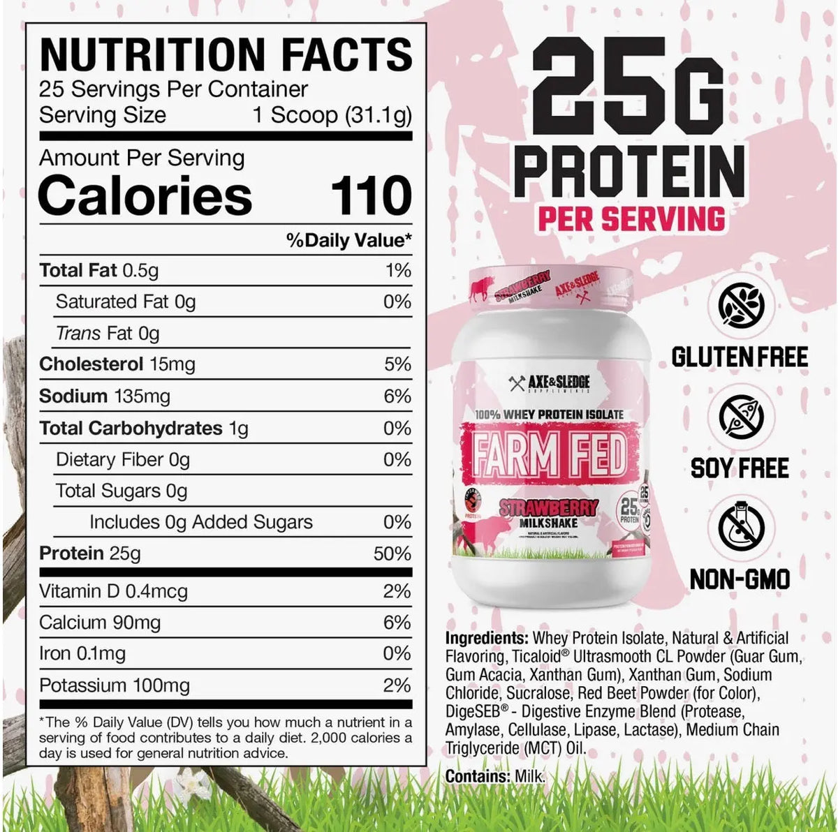 BulkBully Supplements Axe & Sledge Farm Fed Whey Isolate Protein Powder jar with label and scoop on a white surface.