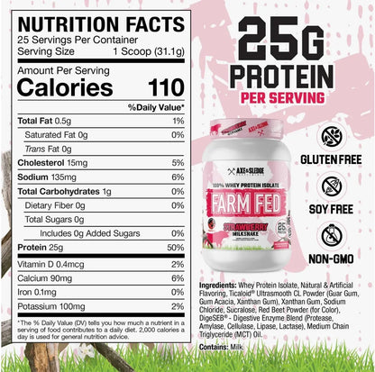 BulkBully Supplements Axe & Sledge Farm Fed Whey Isolate Protein Powder jar with label and scoop on a white surface.