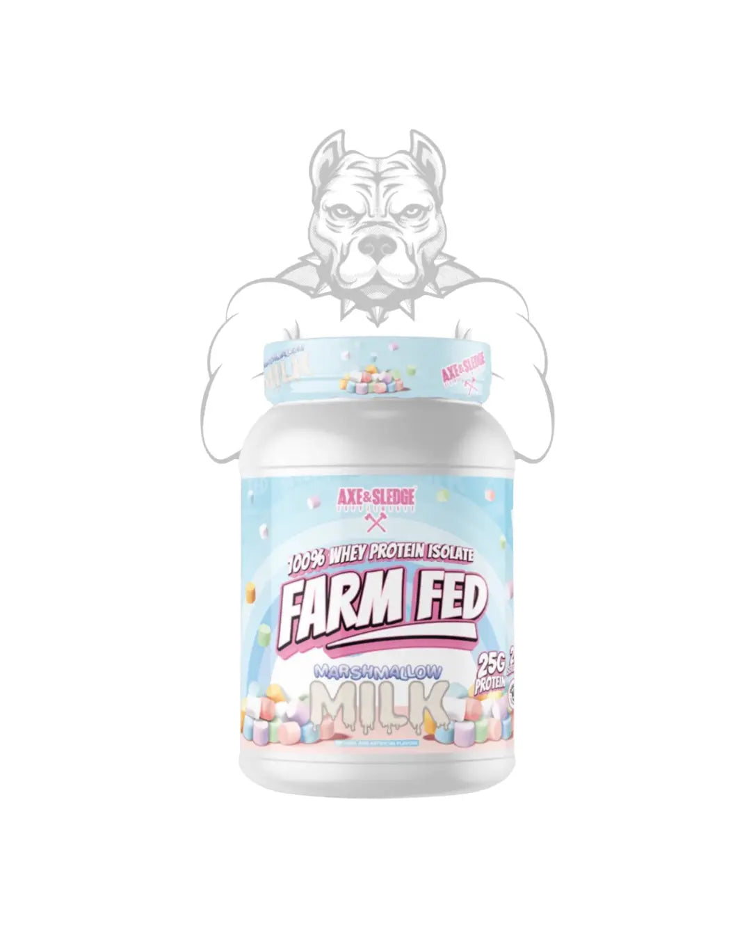 BulkBully Supplements Axe & Sledge Farm Fed Whey Isolate Protein Powder container with label and product details.