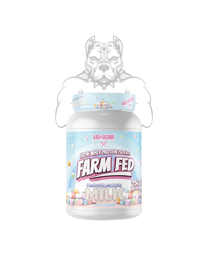BulkBully Supplements Axe & Sledge Farm Fed Whey Isolate Protein Powder container with label and product details.
