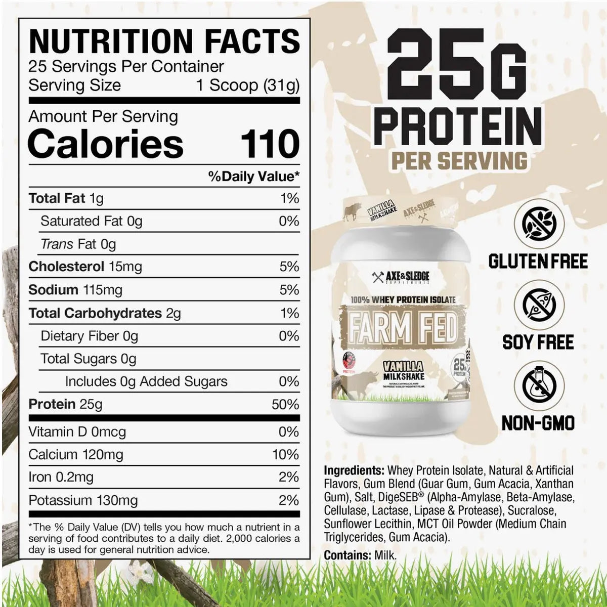 BulkBully Supplements Axe & Sledge Farm Fed Whey Isolate protein powder container with label, highlighting its whey isolate formula.