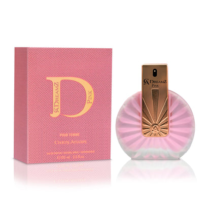 Amani Manor Chris Adams Dreamz Pink women’s 100mL Eau de Parfum spray with box, featuring pink-colored packaging and floral design.