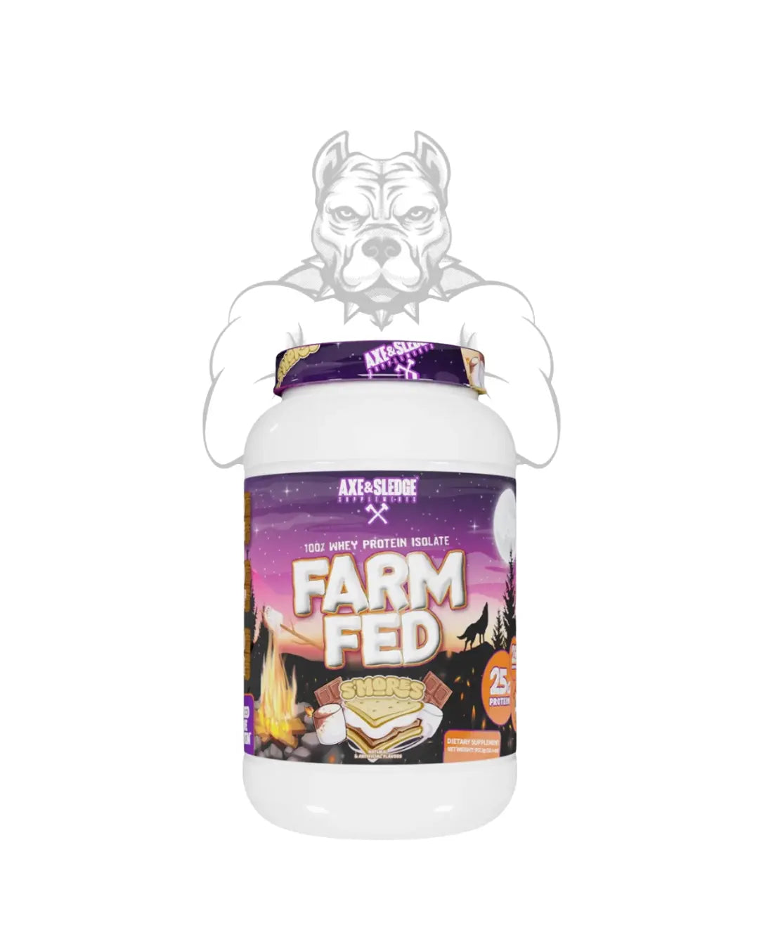 BulkBully Supplements Axe & Sledge Farm Fed Whey Isolate protein powder container with label and scoop on a white background.