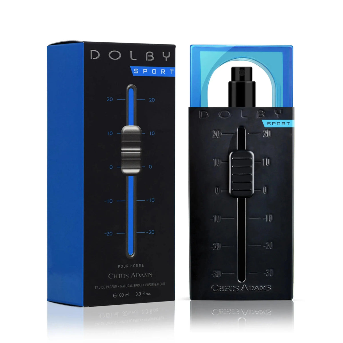 Amani Manor Chris Adams Dolby Sport Eau de Parfum spray bottle for men, featuring a sleek design and sporty branding.