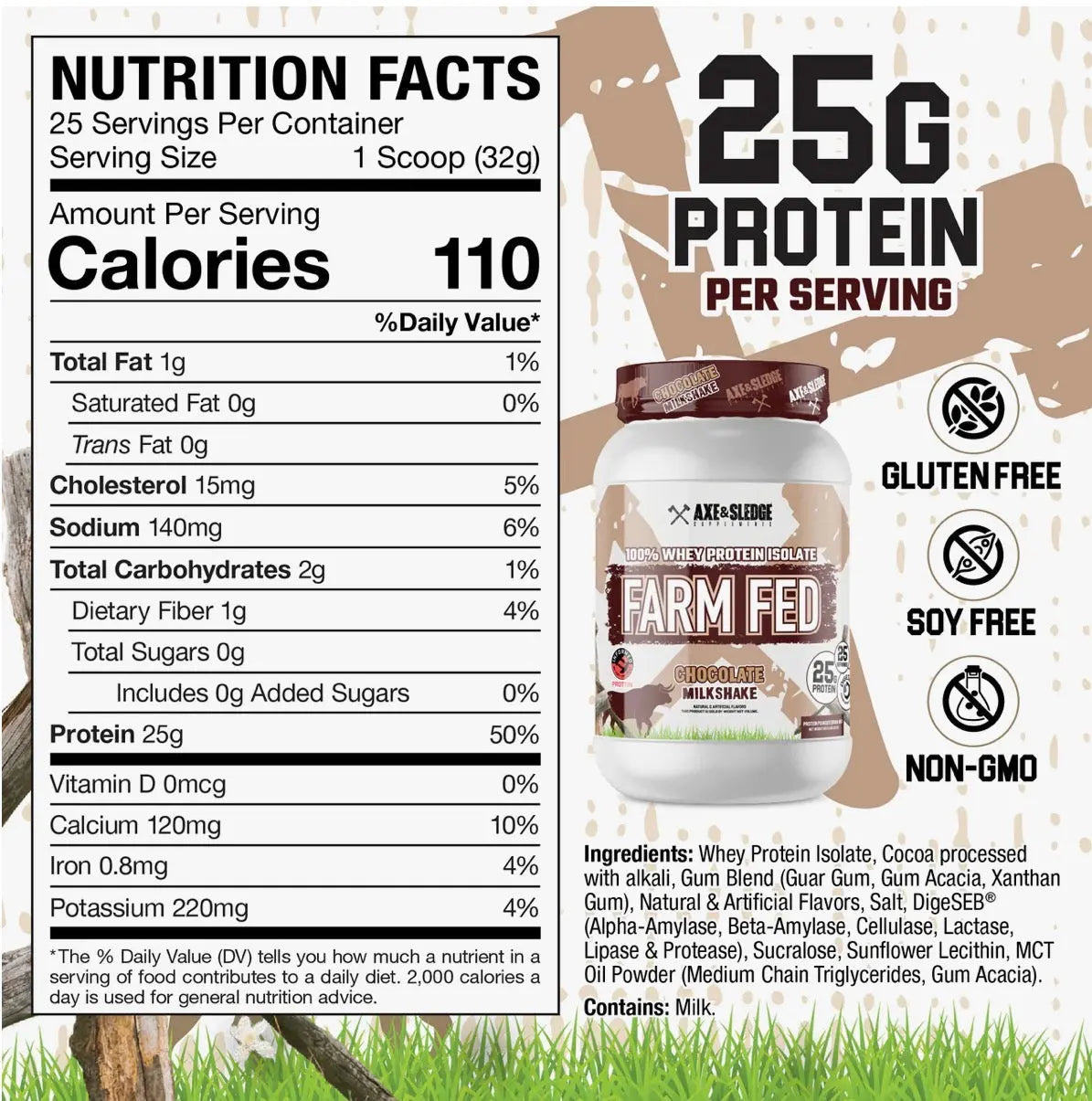 BulkBully Supplements Axe & Sledge Farm Fed Whey Isolate Protein Powder container with label and scoop on a white background.