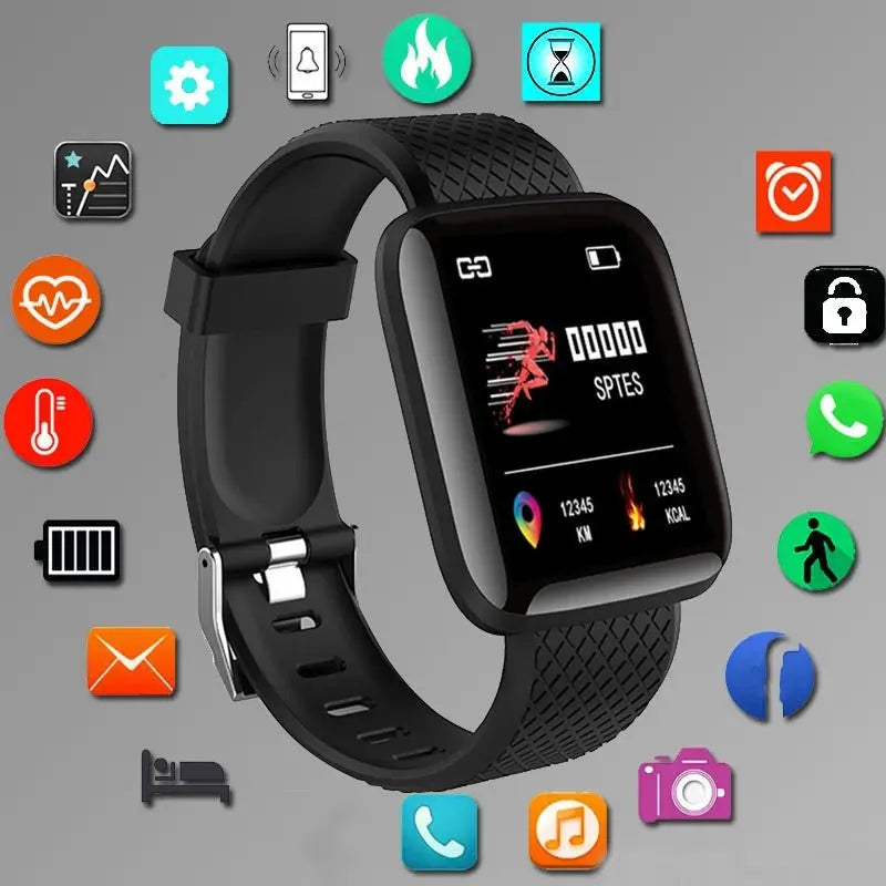 Jhonnyshop Bluetooth fitness smartwatch with heart rate monitor and alert notifications, showing a digital display on the wrist.