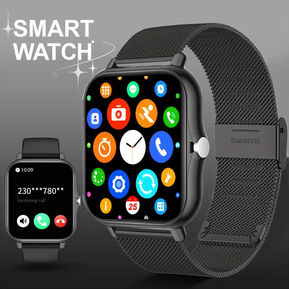 Jhonnyshop 1.83-inch touchscreen smart watch showing time, fitness stats, and call notifications on a sleek black band.