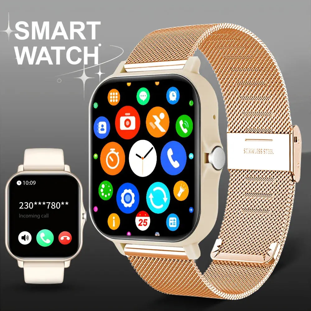 Jhonnyshop 1.83-inch touchscreen smart watch with call functionality and fitness tracking features, displayed on a wrist.