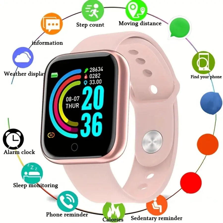 Jhonnyshop Bluetooth fitness smartwatch with heart rate monitor and alert notifications, showing a digital display on a wrist.