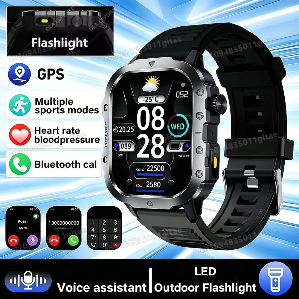 Jhonnyshop rugged outdoor smart watch with Bluetooth call functionality and fitness tracking features, displayed on a wrist.