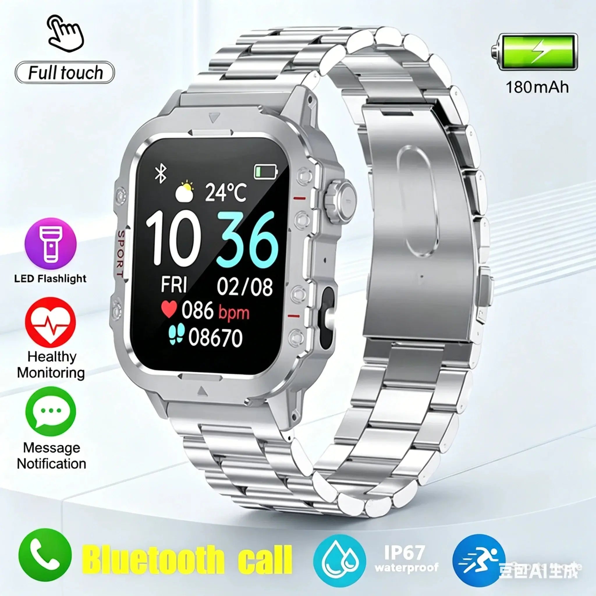 Jhonnyshop rugged outdoor smart watch with Bluetooth calling and fitness tracking, showing digital display and durable design.