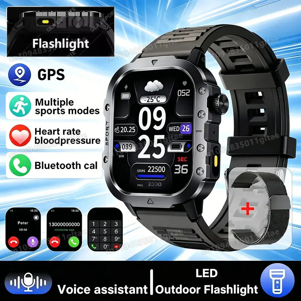 Rugged outdoor smart watch by Jhonnyshop with Bluetooth call feature and fitness tracking, shown with digital display and durable design.