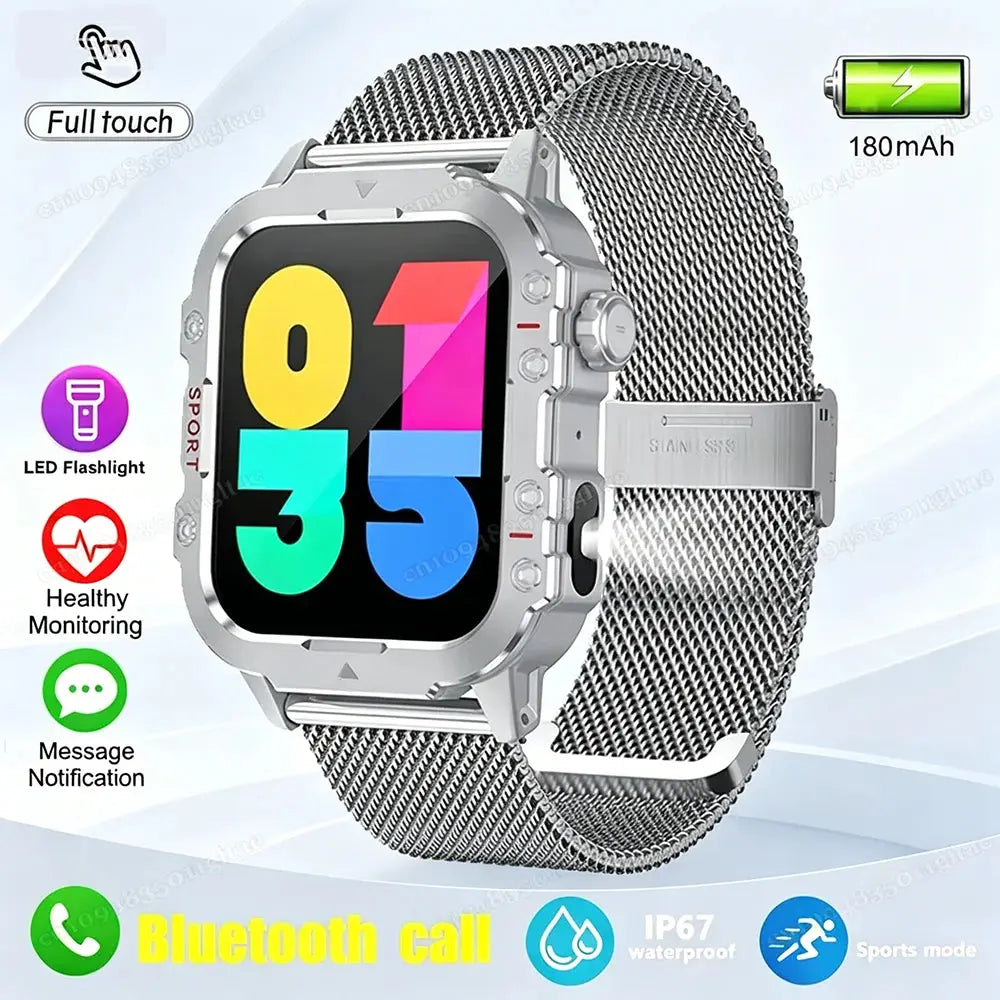 Rugged outdoor smart watch by Jhonnyshop with Bluetooth calling, fitness tracking, durable design, and a large display screen.