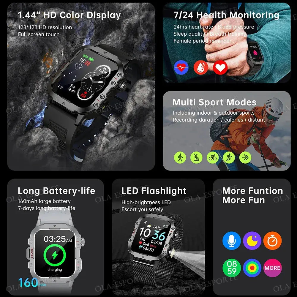Rugged outdoor smart watch by Jhonnyshop with Bluetooth calling, fitness tracking, digital display, and durable design.