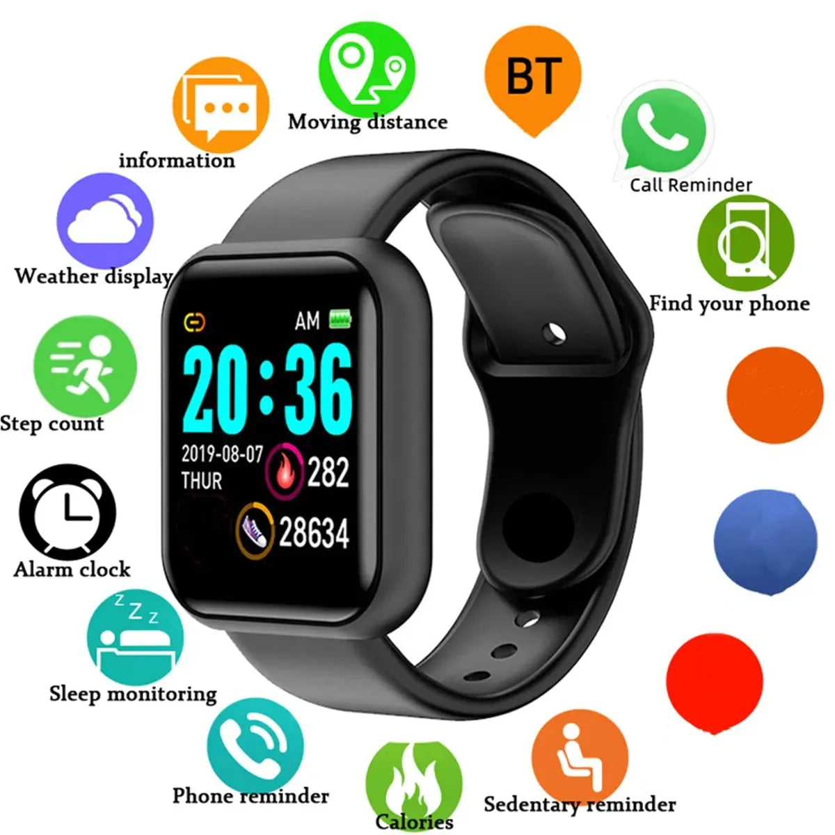 Jhonnyshop Bluetooth fitness smartwatch displaying heart rate monitor, digital time, and activity alerts on a sleek black band.