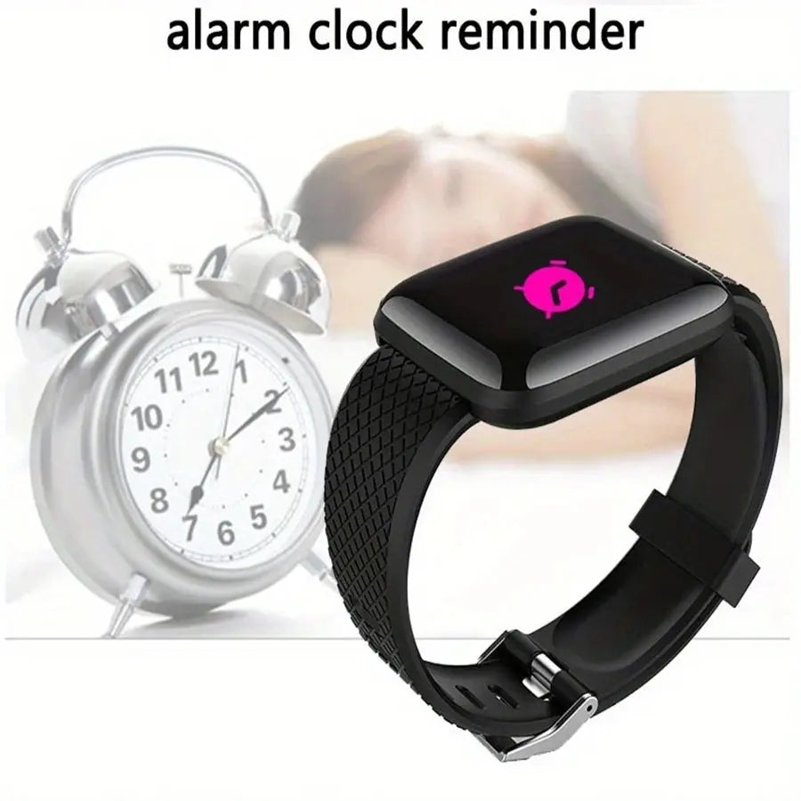 Jhonnyshop Bluetooth fitness smartwatch displaying heart rate, notifications, and activity tracking on a sleek black screen