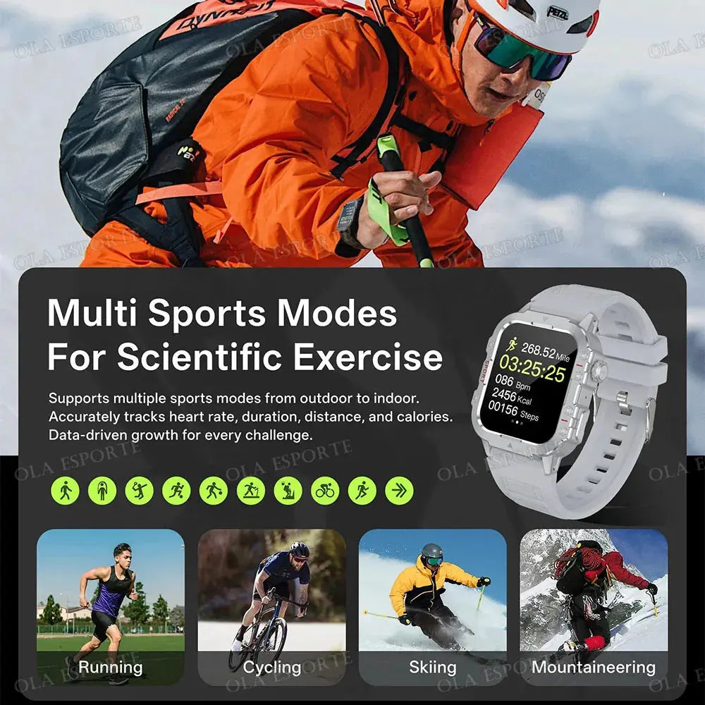 Jhonnyshop Rugged Outdoor Smart Watch with Bluetooth calls and fitness tracking, showing digital display and durable design.