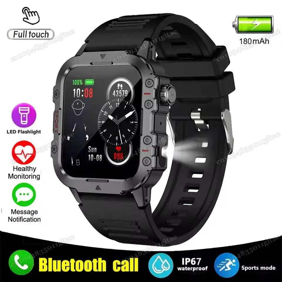 Rugged outdoor smart watch by Jhonnyshop with Bluetooth call capability, fitness tracker, durable design, and digital display.