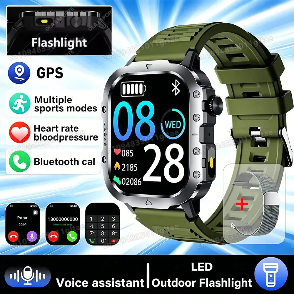 Jhonnyshop rugged outdoor smart watch with Bluetooth calls and fitness tracking, showing digital display and durable design.