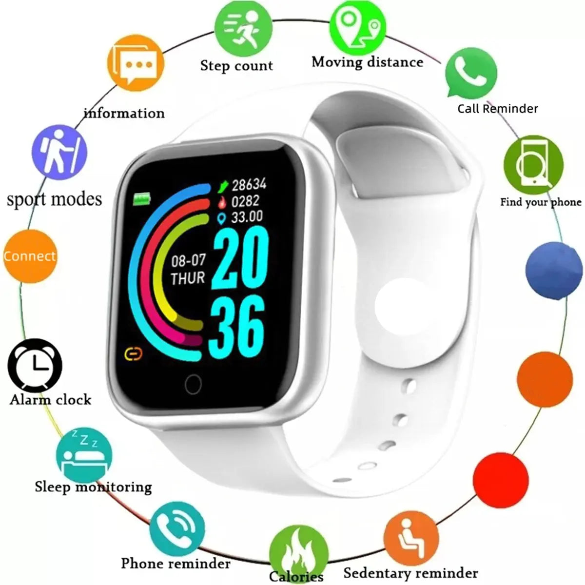 Jhonnyshop Bluetooth fitness smartwatch with heart rate monitor, digital display, and alert notifications on a black strap