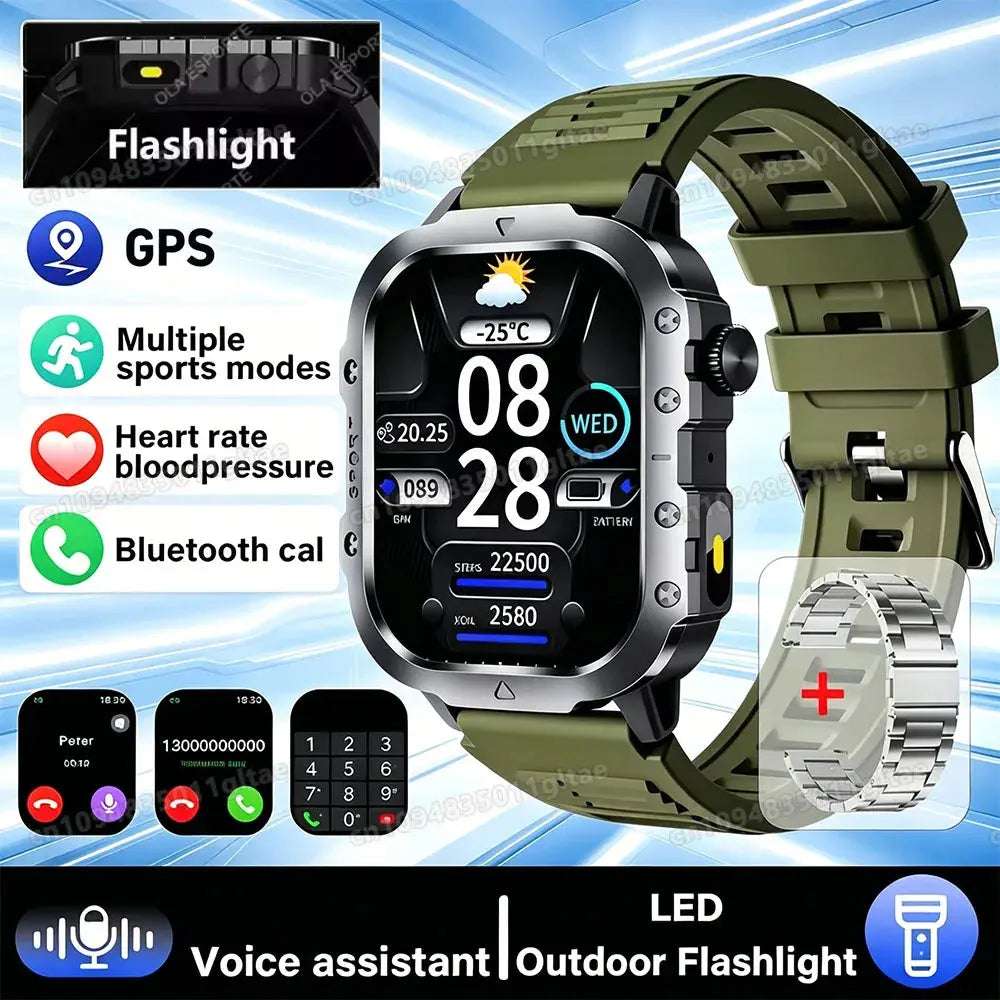 Rugged outdoor smart watch by Jhonnyshop with Bluetooth calls and fitness tracking, showing digital display and sturdy design.